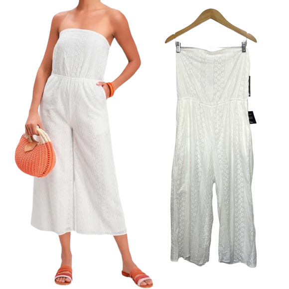 Lulus Pants - Lulu's Size L White Embroidered Strapless Jumpsuit Bridal Wedding Beach Bride